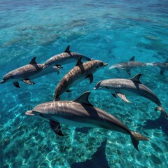 Fototapeta premium Dolphin Symphony: A pod of sleek dolphins gracefully glides through crystal-clear turquoise waters, their movements creating a mesmerizing underwater ballet.