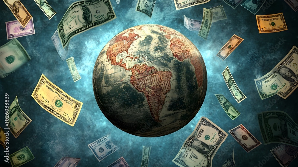 Aufkleber a conceptual image of a globe with various currencies orbiting around it