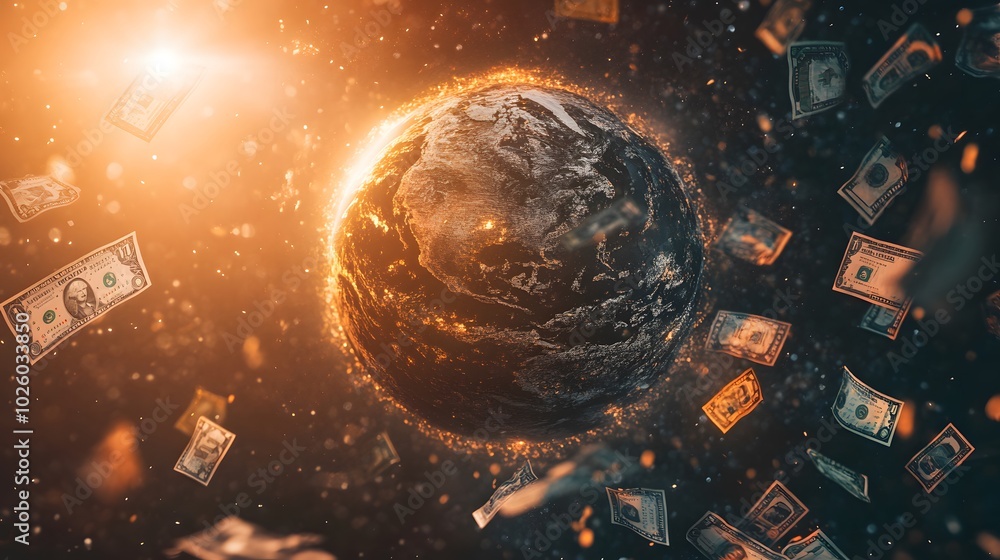 Poster a conceptual image of a globe with various currencies orbiting around it