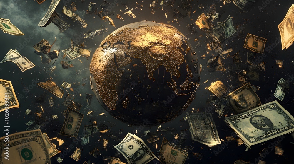 Aufkleber a conceptual image of a globe with various currencies orbiting around it