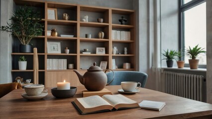 Cozy Reading Nook: A tranquil scene featuring a rustic wooden table set with a book, a steaming cup of tea, and a lit candle, evoking a sense of peace and relaxation. Perfect for home decor.