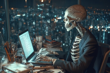 A skeleton in a suit works diligently on a laptop while overlooking a modern city skyline during the daytime