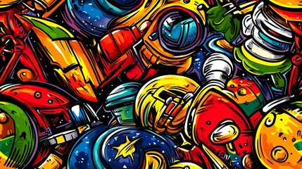 Fototapeta premium A space exploration doodle pattern featuring astronauts, satellites, space stations, and comets, against a glowing deep space backdrop with stars and galaxies, futuristic and playful, hd quality,
