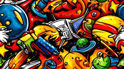 Obraz premium A space exploration doodle pattern featuring astronauts, satellites, space stations, and comets, against a glowing deep space backdrop with stars and galaxies, futuristic and playful, hd quality,