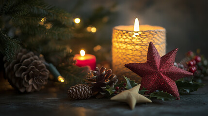 Cozy Christmas Eve ambiance with candles, ornaments, and pine cones decorating the table