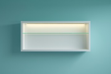 Minimalist wall-mounted shelf with integrated lighting against a turquoise wall