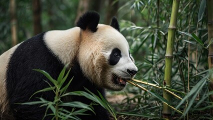 Obraz premium Peaceful Panda Feasting: A majestic giant panda in its natural habitat, surrounded by lush bamboo, enjoys a peaceful and leisurely meal.