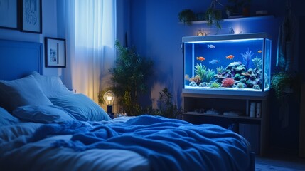 Cozy bedroom with an aquarium on a shelf, filled with colorful fish, making it soothing and easy on the eye