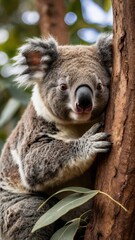 Obraz premium Koala on Eucalyptus Tree: A charming portrait of a koala clinging to a eucalyptus tree, showcasing its soft fur and endearing expression.