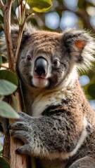 Obraz premium Koala's Curious Gaze: A close-up portrait of a koala clinging to a tree branch, its inquisitive gaze fixed on the camera, showcasing its unique and endearing features. 