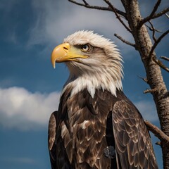 Obraz premium Majestic Bald Eagle Soaring High: A powerful portrait of a Bald Eagle, its gaze intense, set against a dramatic sky. The image evokes feelings of freedom, strength, and the untamed beauty of nature.