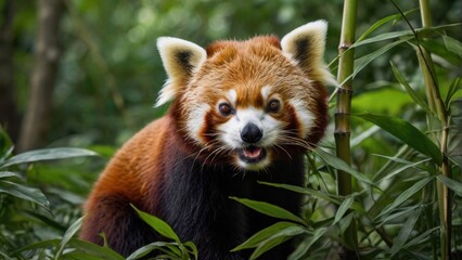 Red Panda in Lush Green Bamboo Forest: A close-up portrait of a playful red panda, its bright eyes wide with curiosity, peering out from amidst a vibrant green bamboo forest.