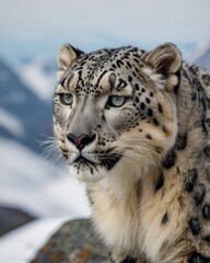 Snow Leopard Majesty:  A majestic snow leopard stares intently into the distance, its piercing blue eyes reflecting the cold beauty of its mountainous habitat.