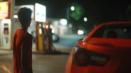 Fuel Crisis - Man Staring at Empty Gas Pump with Despair