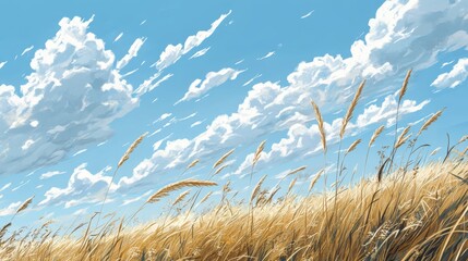 Obraz premium Golden Grass Field Under a Blue Sky with Fluffy Clouds