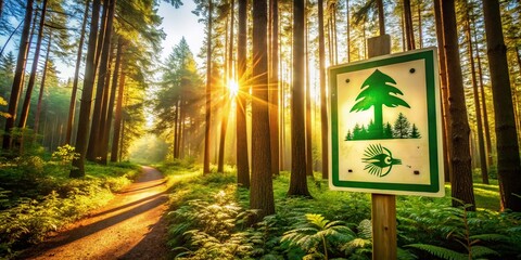 Naklejka premium Vibrant Forestry Sign in Lush Green Forest Environment - Nature Conservation and Outdoor Adventure