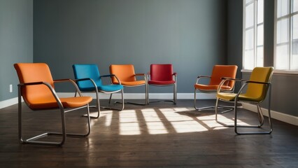 Fototapeta premium Therapy Session Setup: Colorful chairs arranged in a circle in a room with large windows, bathed in sunlight, creating a serene and inviting atmosphere for therapy or support group. 