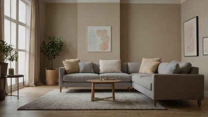 Modern Living Room Interior Design: A cozy and inviting living room with a sectional sofa, throw pillows, a coffee table, a potted plant, a rug, and artwork on the wall.