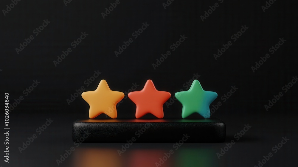Poster test group using a digital interface to rate a new product, glowing feedback stars and comment icons
