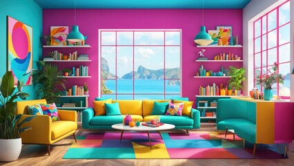 A vibrant living room with colorful furniture, bookshelves, and a scenic ocean view.