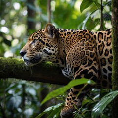 Obraz premium Jaguar in the Jungle: A majestic jaguar rests on a mossy branch, its powerful gaze fixed on the horizon.