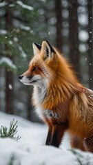 Obraz premium Red Fox in Winter Wonderland: A majestic red fox with a piercing gaze, sits in a snowy forest, surrounded by evergreens, capturing the essence of winter's beauty and the fox's wild spirit. 