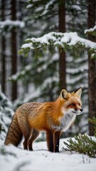 Red Fox in Winter Wonderland: A majestic red fox stands amidst a snowy evergreen forest, its fur blending seamlessly with the white landscape.