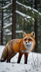 Obraz premium Fox in Winter Wonderland: A red fox stands alertly in a snowy forest, its fur blending seamlessly with the winter landscape. The falling snow adds a touch of magic to the scene.