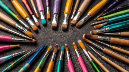 Fototapeta premium A Palette of Creativity: A vibrant array of paintbrushes arranged in a circle, forming a captivating composition, invites artists and art enthusiasts to unleash their creative spirit. 