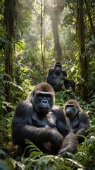 Gorilla Family in Rainforest Sunlight 