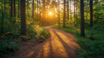 Fototapeta premium Sunlit Path Winding Through a Dense Forest