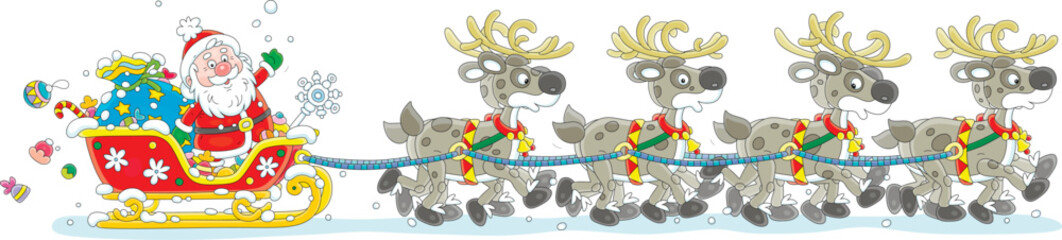 Santa Claus with holiday gifts riding in his magic sleigh with a team of flying reindeers on a snowy night before Christmas, vector cartoon illustration isolated on a white background