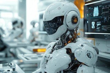 Fototapeta premium A robot doctor in a modern medical lab interior. Generative AI