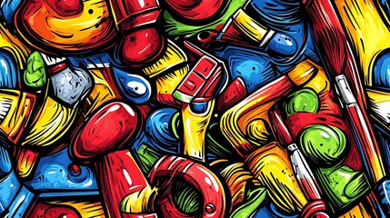 A vibrant artistic expression doodle pattern featuring paintbrushes, paint palettes, and easels, surrounded by colorful splashes, paint drips, and swirling strokes,