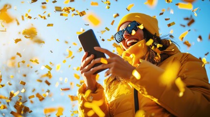 Happy woman in yellow coat celebrating with confetti and smartphone under blue sky. - Powered by Adobe