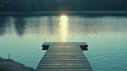 Fototapeta premium Wooden Dock Extending into Calm Lake with Sun Glimmering on Water