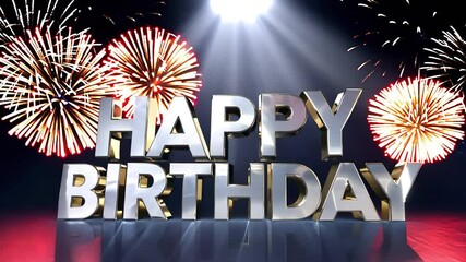 Phrase Happy Birthday in metallic style, written in shiny silver color on a sparkling fireworks homogeneous background