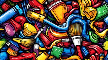 Obraz premium A vibrant artistic-themed doodle pattern filled with paintbrushes, paint palettes, and watercolor splashes, surrounded by colorful paint tubes, swirling strokes, and abstract shapes,
