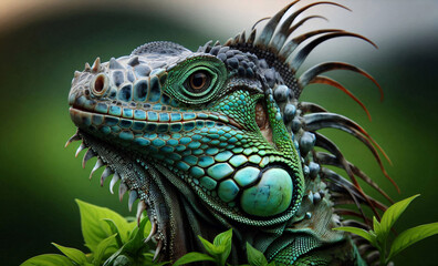 Fototapeta premium Leguan Portrait in natürlicher Umgebung, grün, close-up und copy space