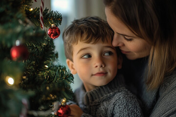 Generative AI image of mother father child couple family together by decorated Christmas tree holiday celebration themes