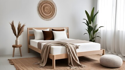 Cozy Minimalist Bedroom with Natural Tones with plush pillows, minimalist decor, bright white wall for mockups.
