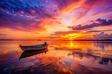 Serene Sunset with Water Reflections and a Half-Sunken Boat in Low Light Photography