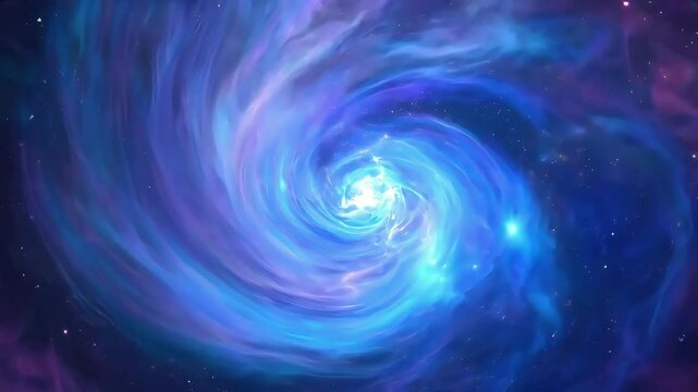 Flat lay view of a rotating nebula with scattered clusters of bright stars amidst swirling blue gas, covering the entire frame, creating a mesmerizing and cosmic visual full of depth and celestial bea
