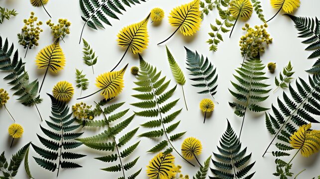 A symphony of green and yellow foliage arranged with delicate symmetry on a pristine white surface.