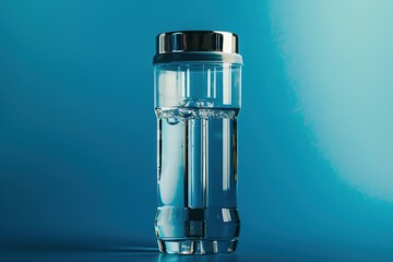Clear water in a glass container with a shiny lid against a blue background