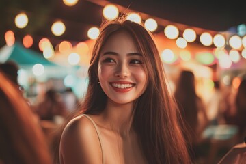 Asian woman enjoys vibrant festival night, dressed in a stylish, sexy outfit. Colorful bokeh lights in background create dreamy atmosphere, enhancing joyful mood of event.