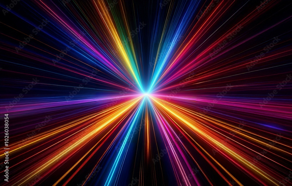 Poster abstract background with colorful streaks of light converging in the center.