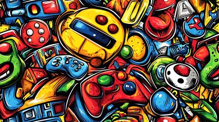 Obraz premium A vibrant doodle pattern with pixelated video game characters, retro game controllers, and arcade tokens, with bright neon accents and pixel art style, nostalgic and playful, hd quality,
