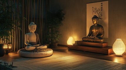 A tranquil meditation space with modern Asian decor
