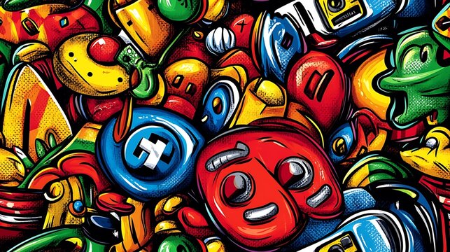 A vibrant doodle pattern with pixelated video game characters, retro game controllers, and arcade tokens, with bright neon accents and pixel art style, nostalgic and playful, hd quality,